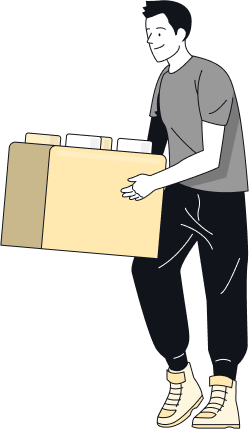 Man in black pants carrying a box.