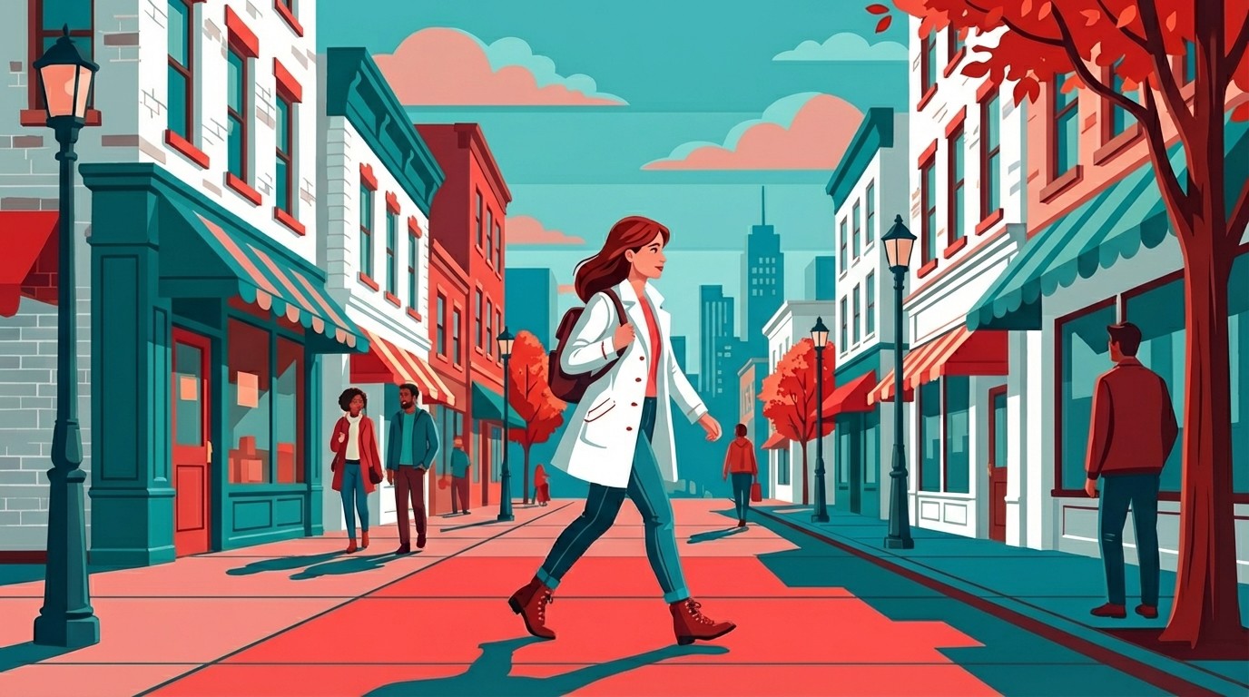 Woman walks across street owwtreach colors